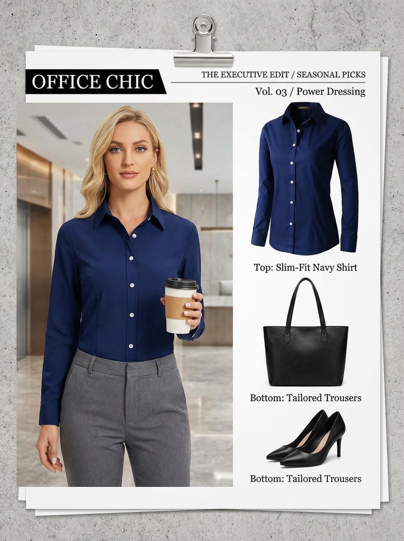 Beninos Women's Formal Work Wear Simple Shirt (225 Navy, S) - Image 4